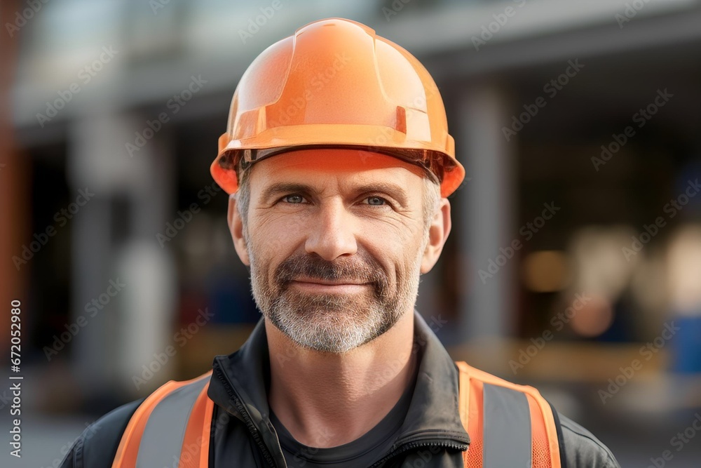 Close up portrait of adult construction worker wearing hard hat and worker shirt - obrazy, fototapety, plakaty 
