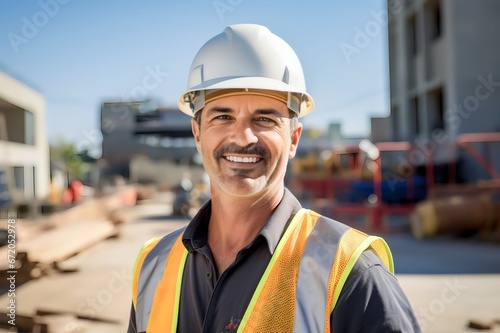 Close up portrait of adult construction worker wearing hard hat and worker shirt