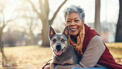 Portrait of senior african american woman playfully holding her dog in park. Love for animals concept.
 photo