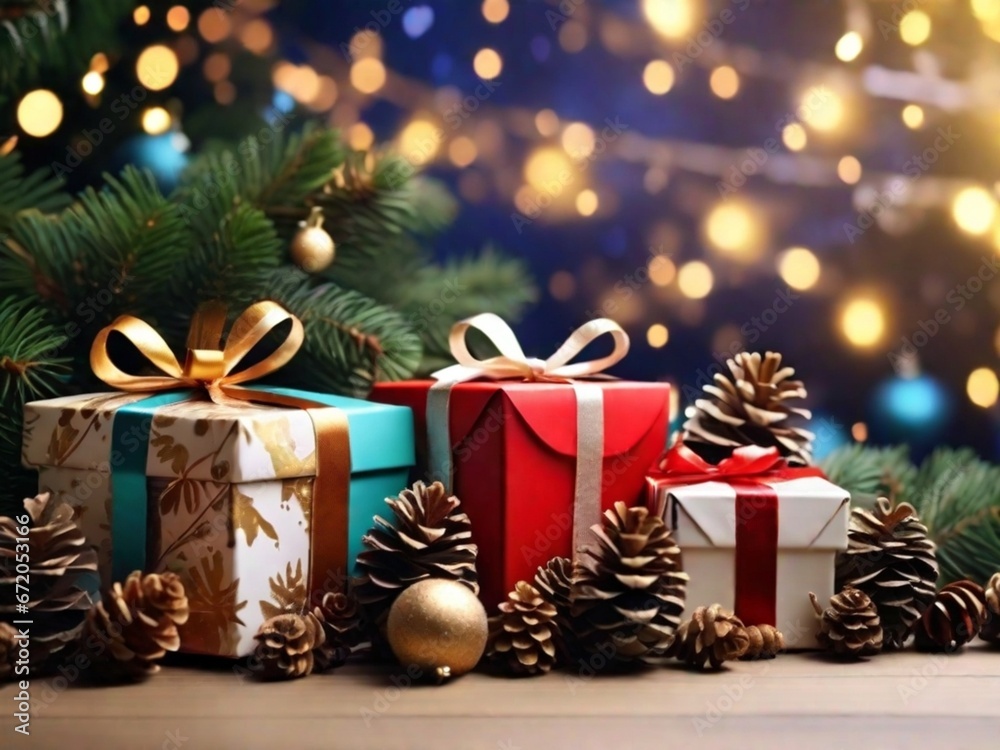 christmas and new year background - gift boxes and pine cones and branches on the background of bokeh garlands christmas and new year background - gift boxes and pine cones and branches on the background of bokeh garlands