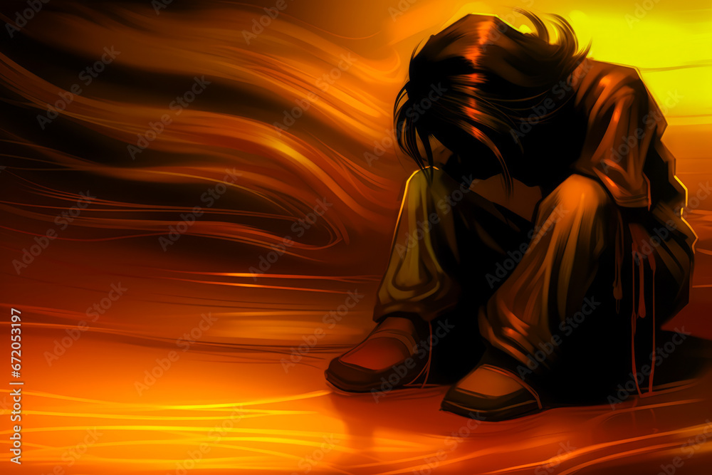 Person sitting on ground, head in knees, overwhelmed with emotion Person sitting on ground, head in knees, overwhelmed with emotion