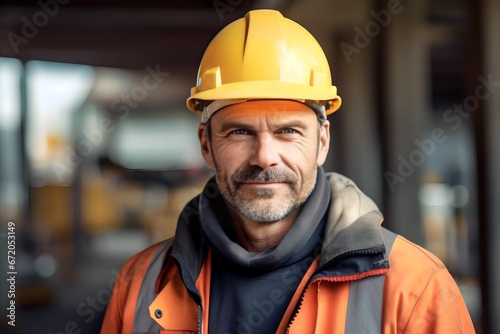 Close up portrait of adult construction worker wearing hard hat and worker shirt