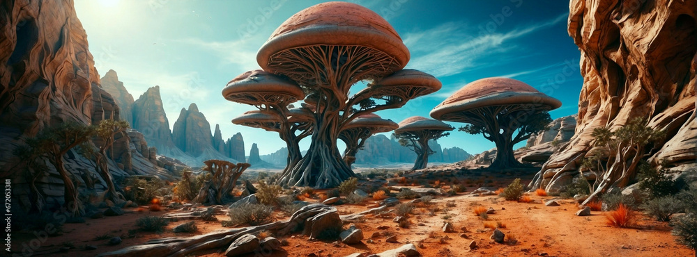 Wide-angle shot of an alien planet landscape. Breathtaking panorama of a desert planet with canyons and strange rock formations. Fantastic extraterrestrial landscape. Sci-fi wallpaper. - obrazy, fototapety, plakaty 