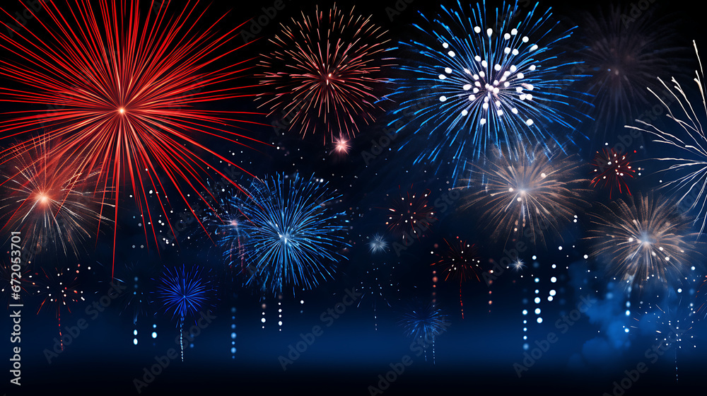 red and blue firework banner panorama new year fireworks isolated
