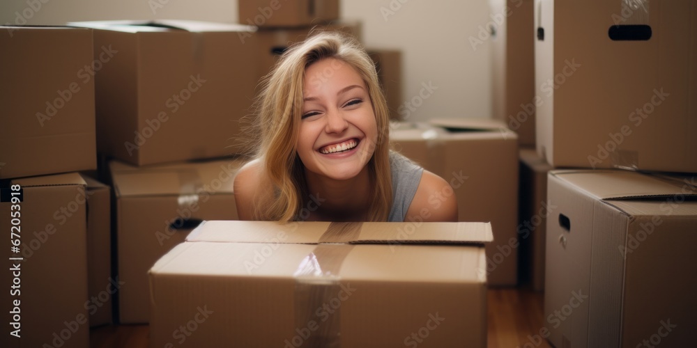 Happy Blond Woman Awaits Her Turn to Move in a Cardboard Box, Where She Discovers Someone Inside, Filled with Surprise and Joy Happy Blond Woman Awaits Her Turn to Move in a Cardboard Box, Where She Discovers Someone Inside, Filled with Surprise and Joy