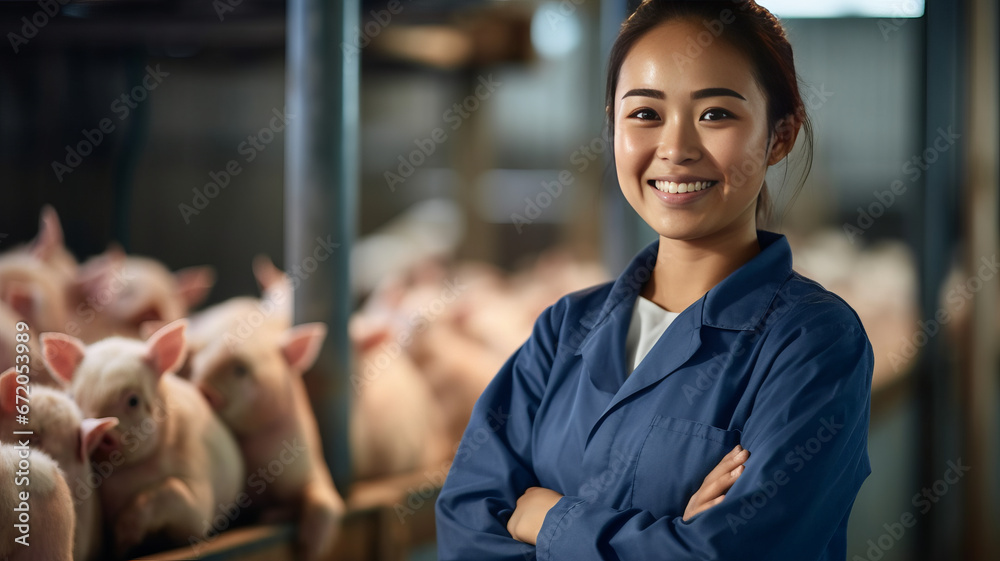 A smiling asian female pig farmer stands with his arms folded in the poultry shed .Generative AI - obrazy, fototapety, plakaty 