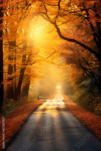 Golden bronze autumn forest road. Asphalt mountain road passing through colorful fall leaves. Autumn trees cover the road. Way runs through beautiful forest landscape. Orange and yellow foliage colors