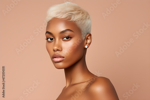 Young adult happy Black woman beauty female model, pretty cool gen z African lady with short blond hair healthy face skin and nose piercing looking at camera isolated at beige background photo