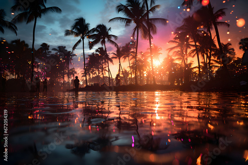 Silhouette Tropical Palm Trees At Sunset - Summer Vacation With Vintage Tone And Bokeh Lights