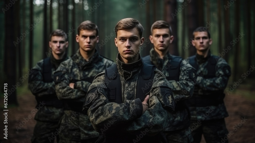 soldiers in military uniform standing in a forest and looking at camera