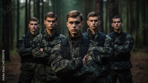 soldiers in military uniform standing in a forest and looking at camera