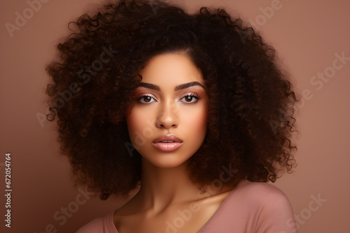Young adult African American woman beauty female model, pretty 20s Black lady with curly hair beautiful face healthy skin looking at camera isolated at beige background. Aesthetic close up portrait