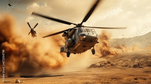 Helicopter in the desert. Military scene.
