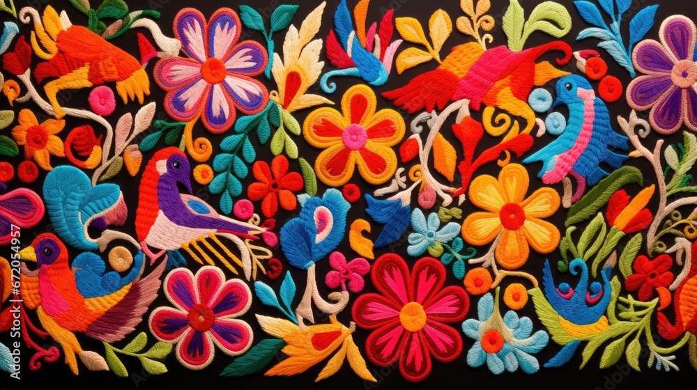 hispanic textile, Flowers pattern, colorful textile,  - obrazy, fototapety, plakaty 