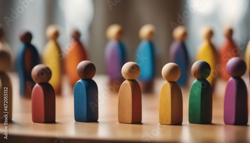 Group of wooden figurines in various colors on a wooden surface symbolizing diversity and inclusion. 
