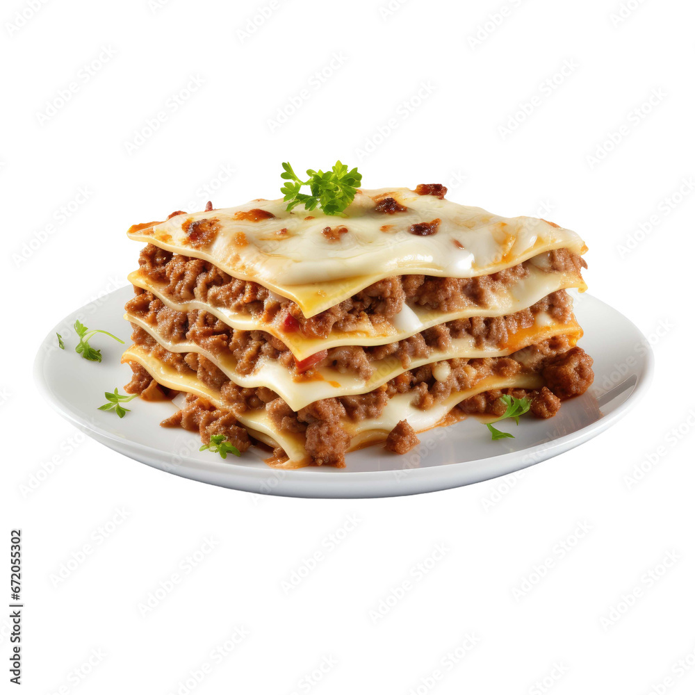 Lasagna on a plate isolated on transparent or white background