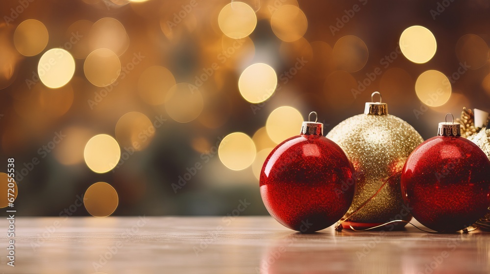 Christmas balls banner with copy space on blur background Christmas balls banner with copy space on blur background