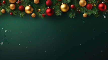 Square banner with gold and red Christmas symbols and text. Christmas tree, balls, golden tinsel confetti and snowflakes on green background. Header for website template.