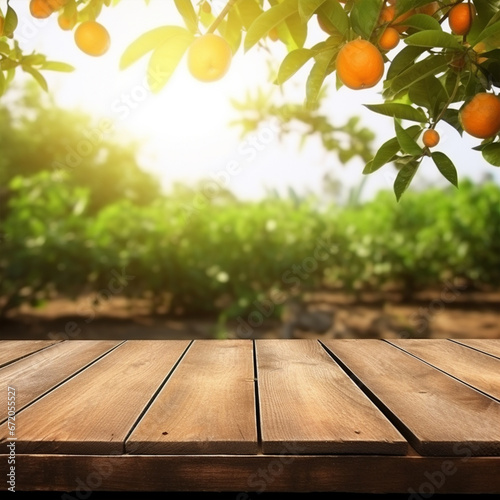 Empty wood table with free space over orange trees, orange field background. For product display montage, ai technology