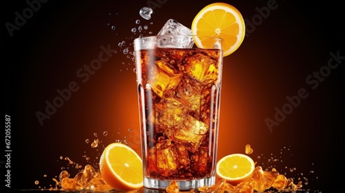 Cola soda drink with lemonade and orange soda with ice cubes and bubbles on white background.