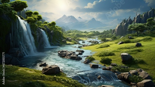 3d illustration for green grass beautiful landscape and waterfall view