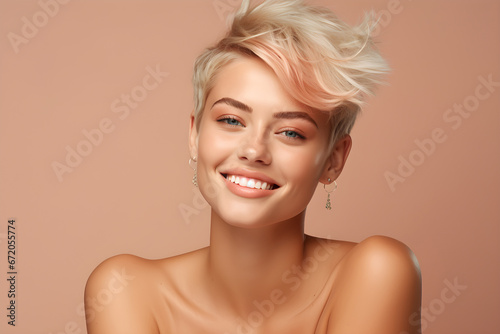 Happy blond pretty happy girl beauty female model with short blonde hair looking at camera touching face pampering advertising skin care dermatology isolated at beige background. Portrait