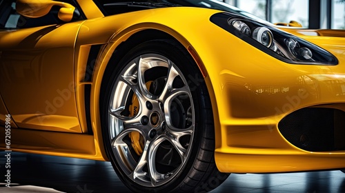 Part of front end of a yellow sport car, headlights and part of wheel showing. Close-up photograph of the body of a yellow super sports car