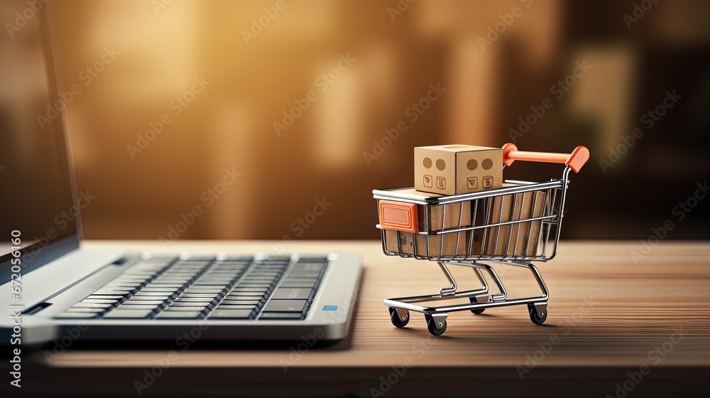 Online shopping and e-commerce concept with a wooden block with an icon of a shopping cart standing on a computer keyboard, viewed low angle with copyspace.