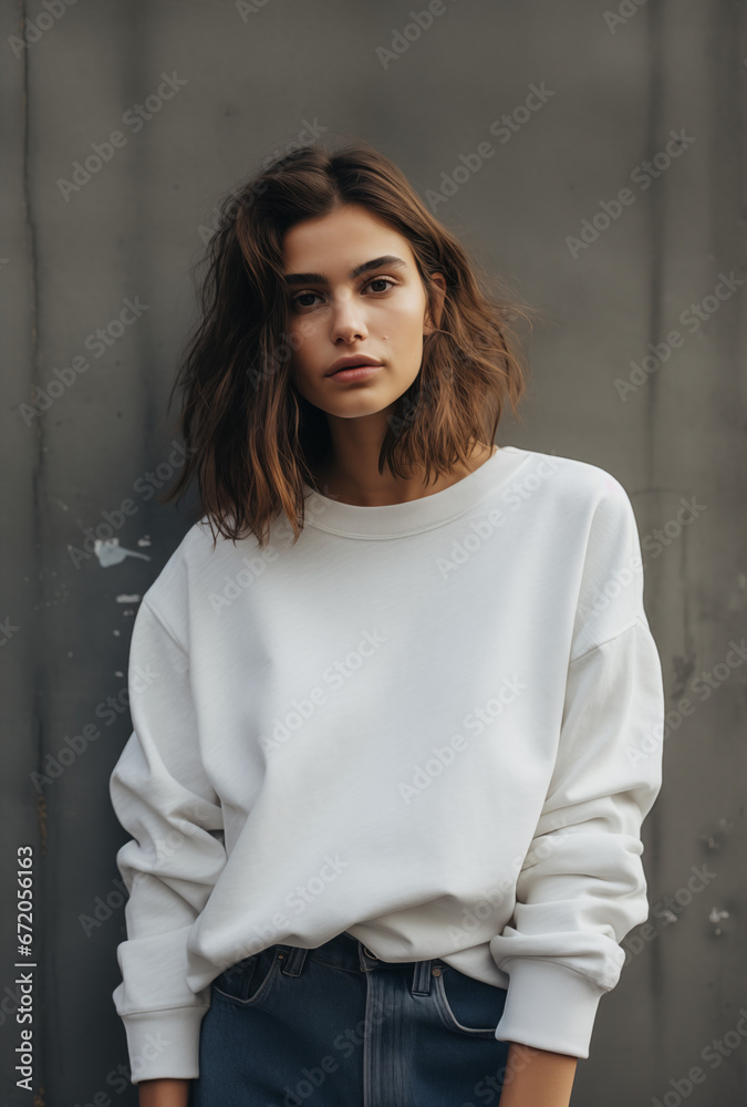 white sweatshirt mockup a portrait photograph of a woman girl standing in front of an gray grey concrete industrial wall white sweatshirt mockup a portrait photograph of a woman girl standing in front of an gray grey concrete industrial wall