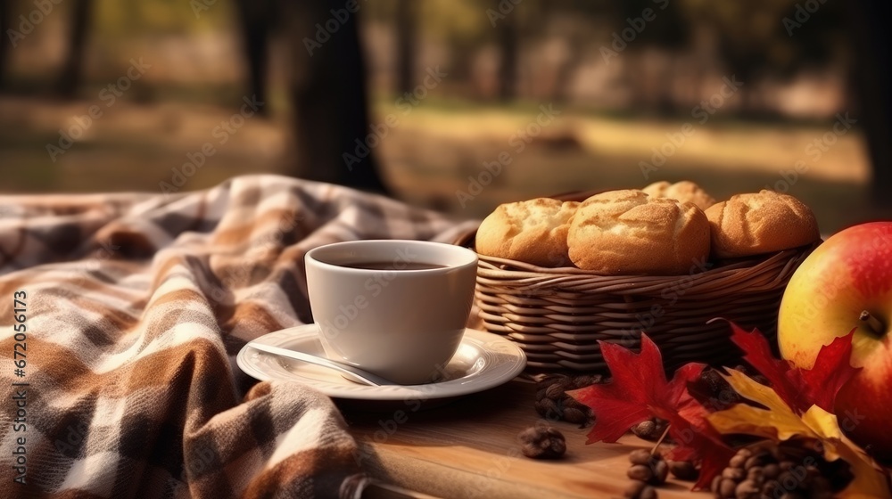 Autumn picnic in the park. Cup of coffee, apple and cookies on picnic plaid on nature yellow leaves. Active lifestyle concept Autumn picnic in the park. Cup of coffee, apple and cookies on picnic plaid on nature yellow leaves. Active lifestyle concept