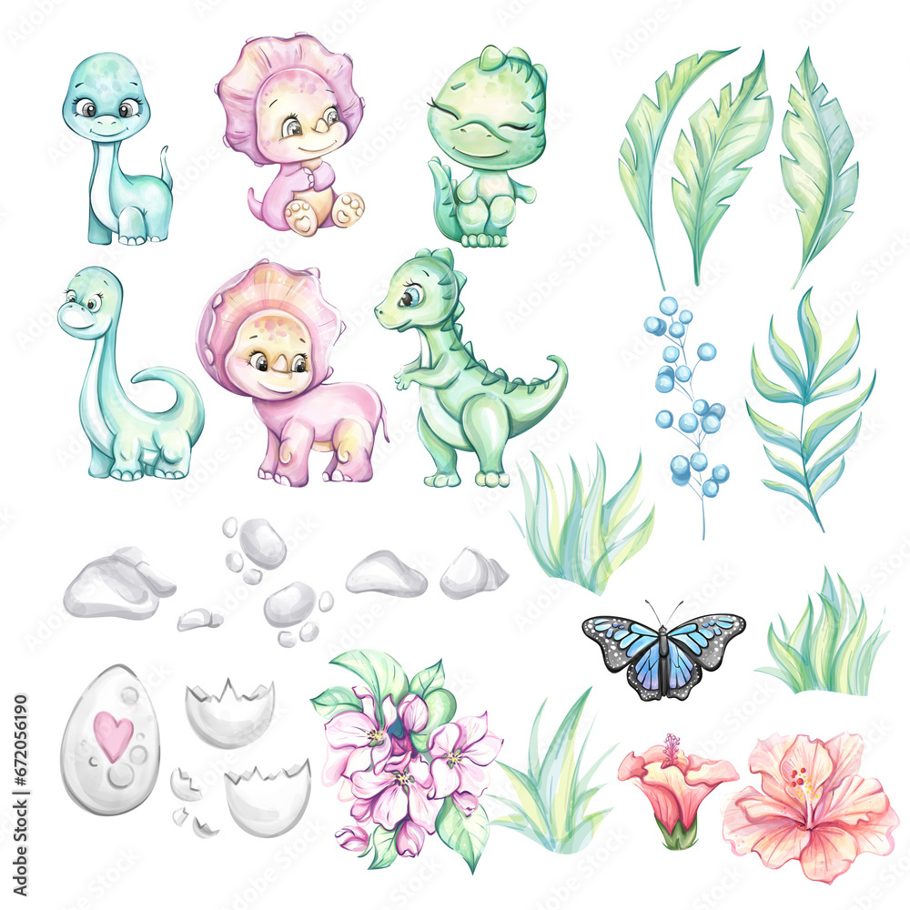 Watercolor set baby dinosaur with tropical leaves and flowers. Dino egg. Clipart for babyshower, nursery, stickers, prints with historical animals. Isolated
