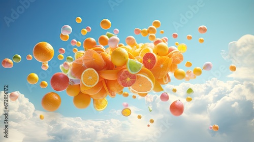 Summer fruit flying in the sky. Citrus fruit surreal floating concept. Orange, grapefruit, kiwi, lemon fruit with clouds. © HN Works