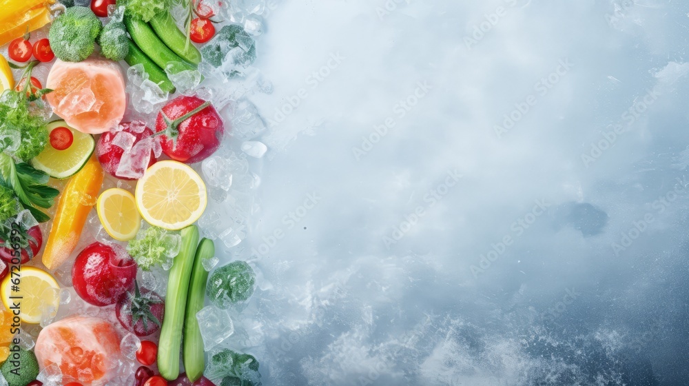 Assortment of frozen vegetables on ice. Stocks of food. Top view. Free space for your text. Assortment of frozen vegetables on ice. Stocks of food. Top view. Free space for your text.