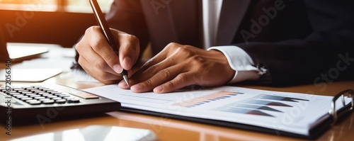 Businessman calculating and analyzing data for long term investment growth goals and company finance balance, Economic analysis of marketing, Business strategy and plan for target.