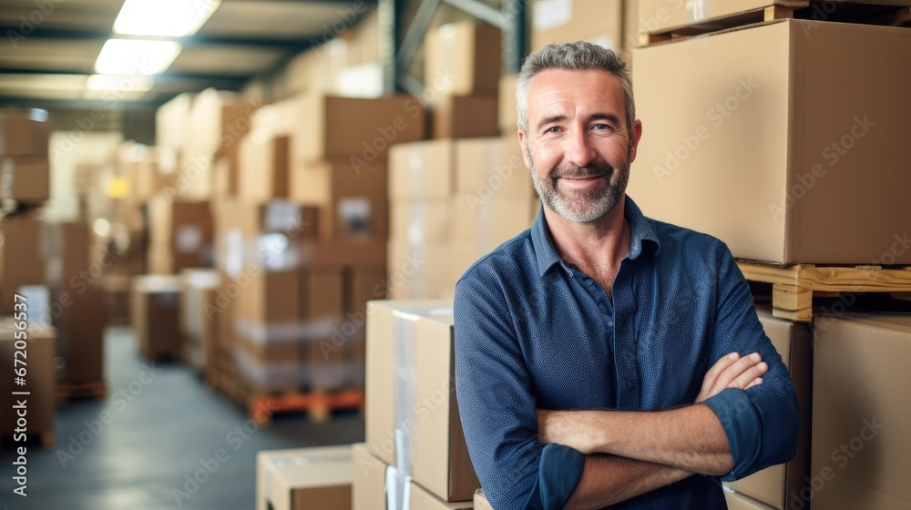 Mature man smiling at the camera while packing cardboard boxes in a warehouse Mature man smiling at the camera while packing cardboard boxes in a warehouse