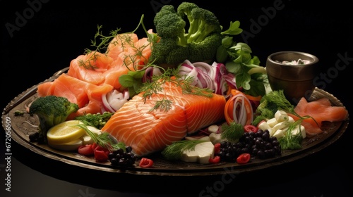 Appetiser platter with salmon, black caviar and sliced fresh vegetables for hospitality and gastronomy branding