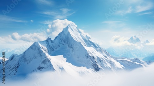 majestic snowy mountain peak towering above the clouds Generative AI