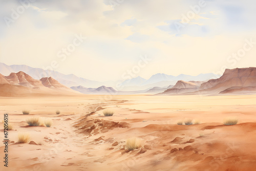 watercolour painting of the desert landscape, a picturesque arid environment in soft natural harmonious colours photo