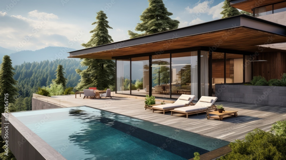 Modern building house with terrace and swimming pool with sun lounger. Beautiful mountains, forest with plants panoramic view. 3d rendering illustration exterior. Contemporary architecture design.