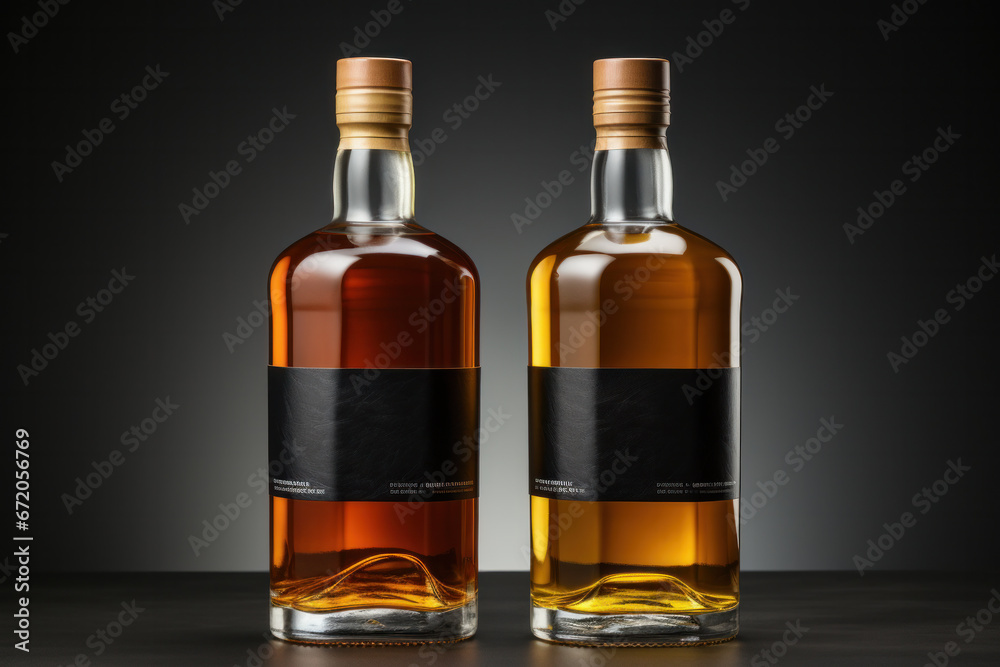 Bottle of amber color premium alcohol, isolated on white background. Ideal for mock-up of whisky, brandy, cognac or rum design. Bottle of amber color premium alcohol, isolated on white background. Ideal for mock-up of whisky, brandy, cognac or rum design.