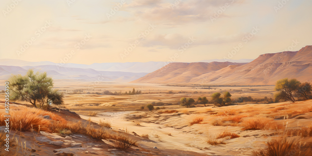 painting of the desert landscape, a picturesque arid environment in natural harmonious colours