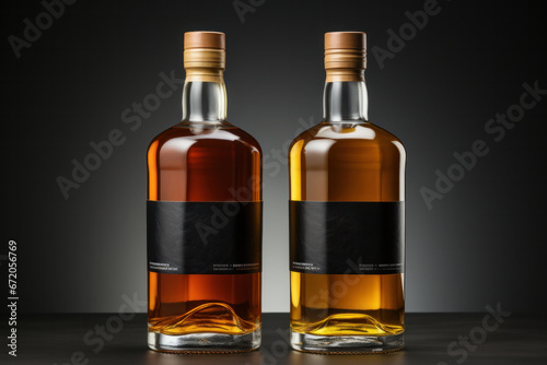 Bottle of amber color premium alcohol, isolated on white background. Ideal for mock-up of whisky, brandy, cognac or rum design.
