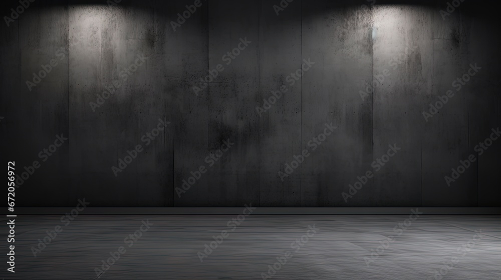 Black background with spotlight to concrete ground in studio. Dark interior background. Room with tile or cement and concrete floor. Black background with spotlight to concrete ground in studio. Dark interior background. Room with tile or cement and concrete floor.