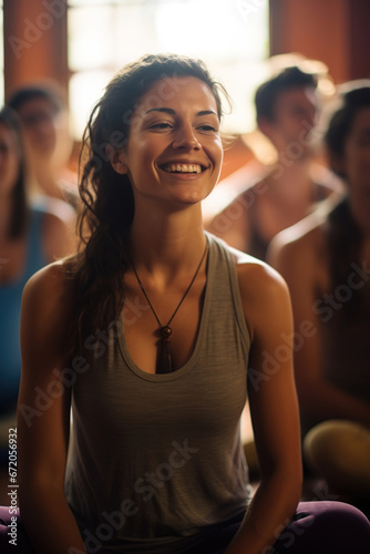 woman smiling in yoga class with people in the background. relax 