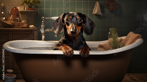 Dachshund dog having bath in a basin © HN Works