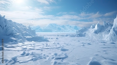 Huge high glaciers in winter natural conditions, the sea in ice, snow and blizzards. Arctic winter snowy landscape. 3D Rendering