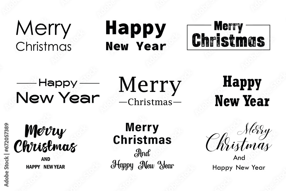 Merry Christmas and Happy New Year typography collection. Holiday lettering templates for greeting cards, banners, gifts. Merry Christmas and Happy New Year typography collection. Holiday lettering templates for greeting cards, banners, gifts.
