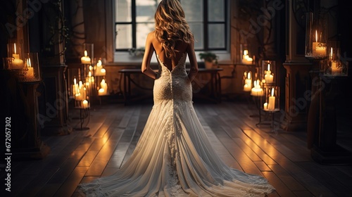 Gorgeous sleeveless and backless wedding dress. Bride in the white wedding dress photo