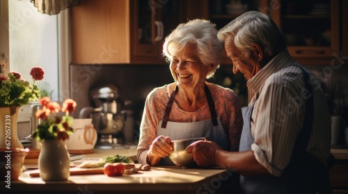 Elderly couple joyfully cooking together in a sunlit, cozy kitchen filled with warmth.