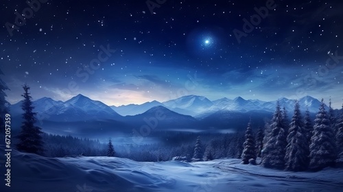 Stunning nighttime view of snowy forest and mountains under starry sky and clouds © Ameer